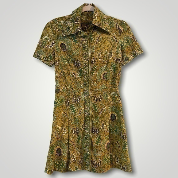 Vintage Dresses & Skirts - Vintage hand printed batik cotton button down paisley dress